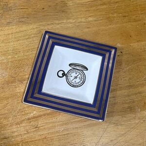 C. Wonder Tory Burch Compass Trinket Tray Navy Gold Striped Porcelain Dish Vtg